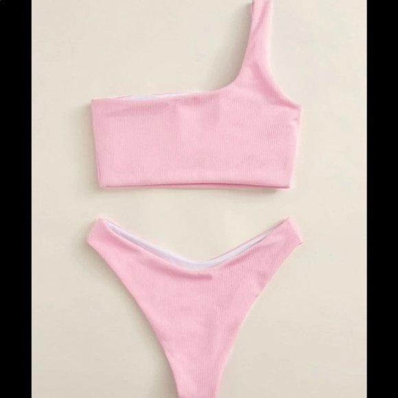 One shoulder bikini swimsuit baby pink cheeky - Picture 3 of 4